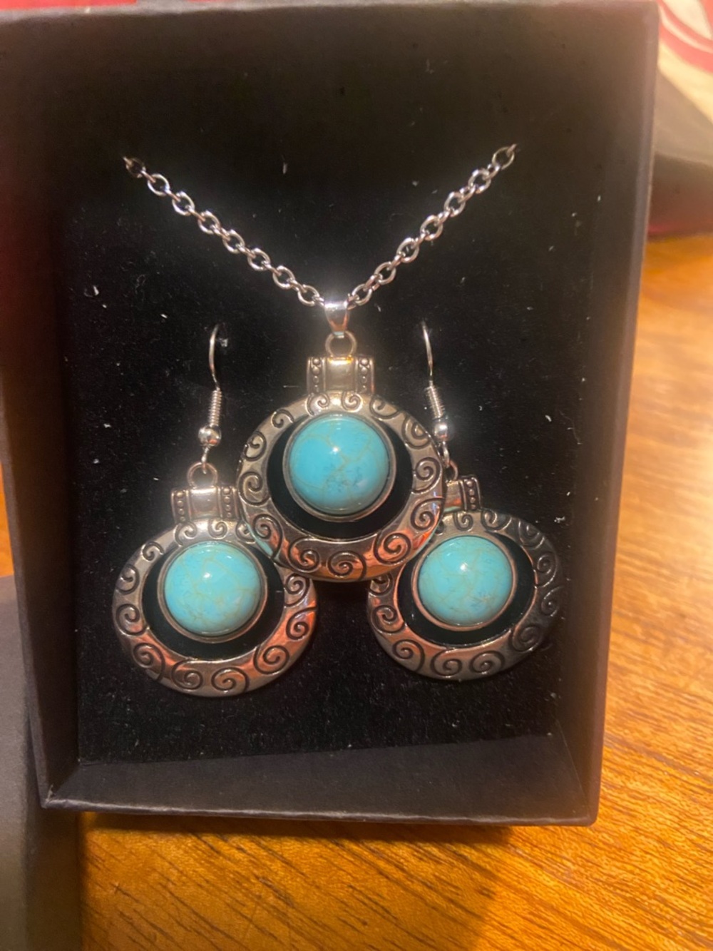 Turquoise Stone Pendant and Earring Set - Blue Silver-Tone